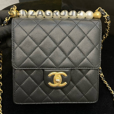Chanel Quilted Black Gold Pearl Vertical Chain Shoulder Crossbody Bag