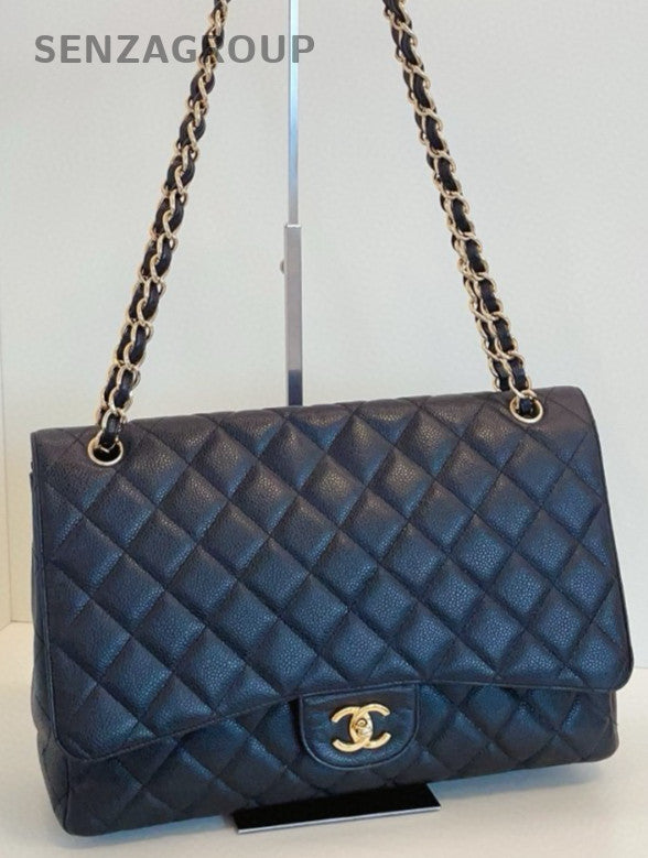 Chanel Classic Flap Maxi Chain Shoulder Bag Gold Black Women Designer