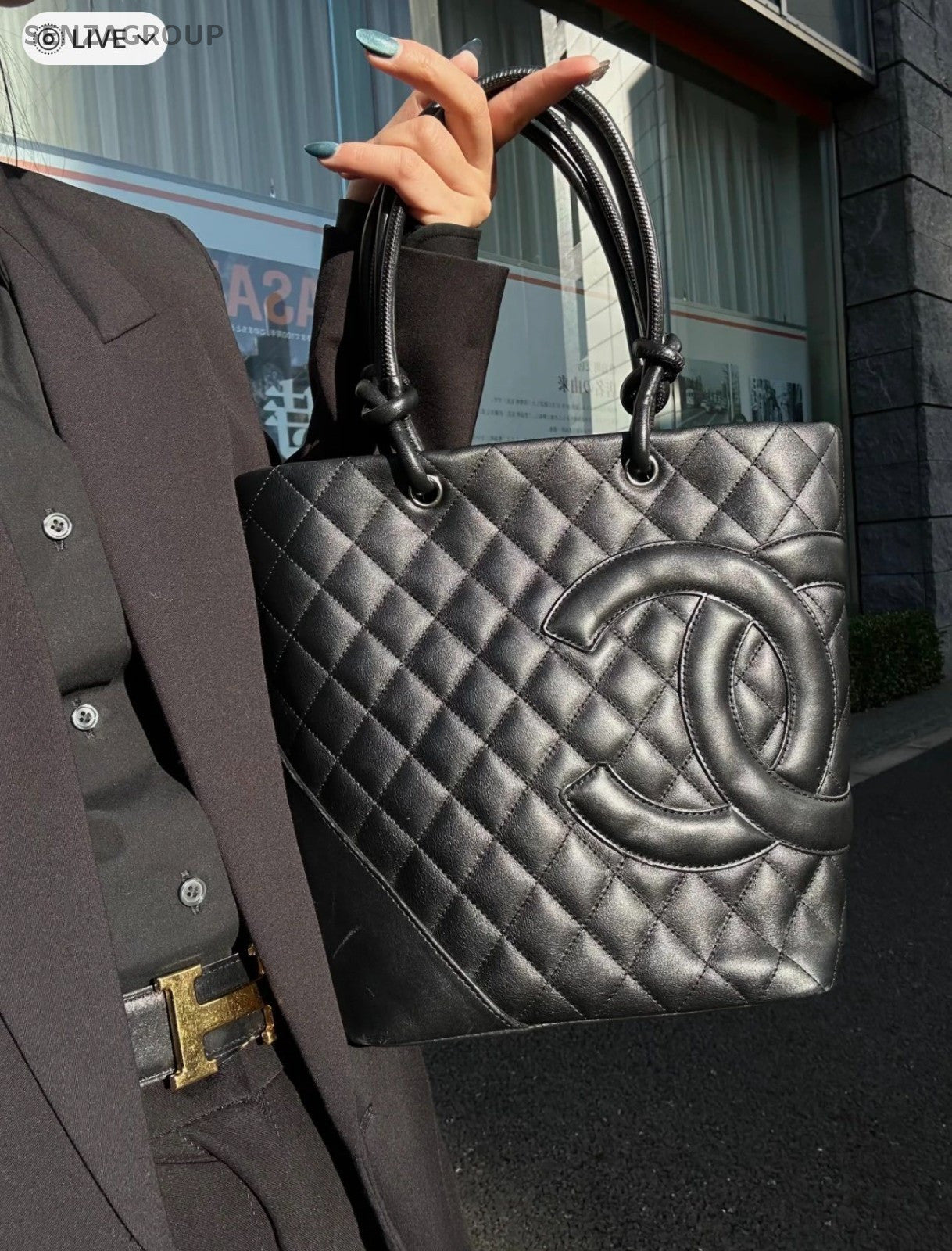 Chanel SoBlack PM Tote Quilted Top Handle Shoulder Bag Black Women