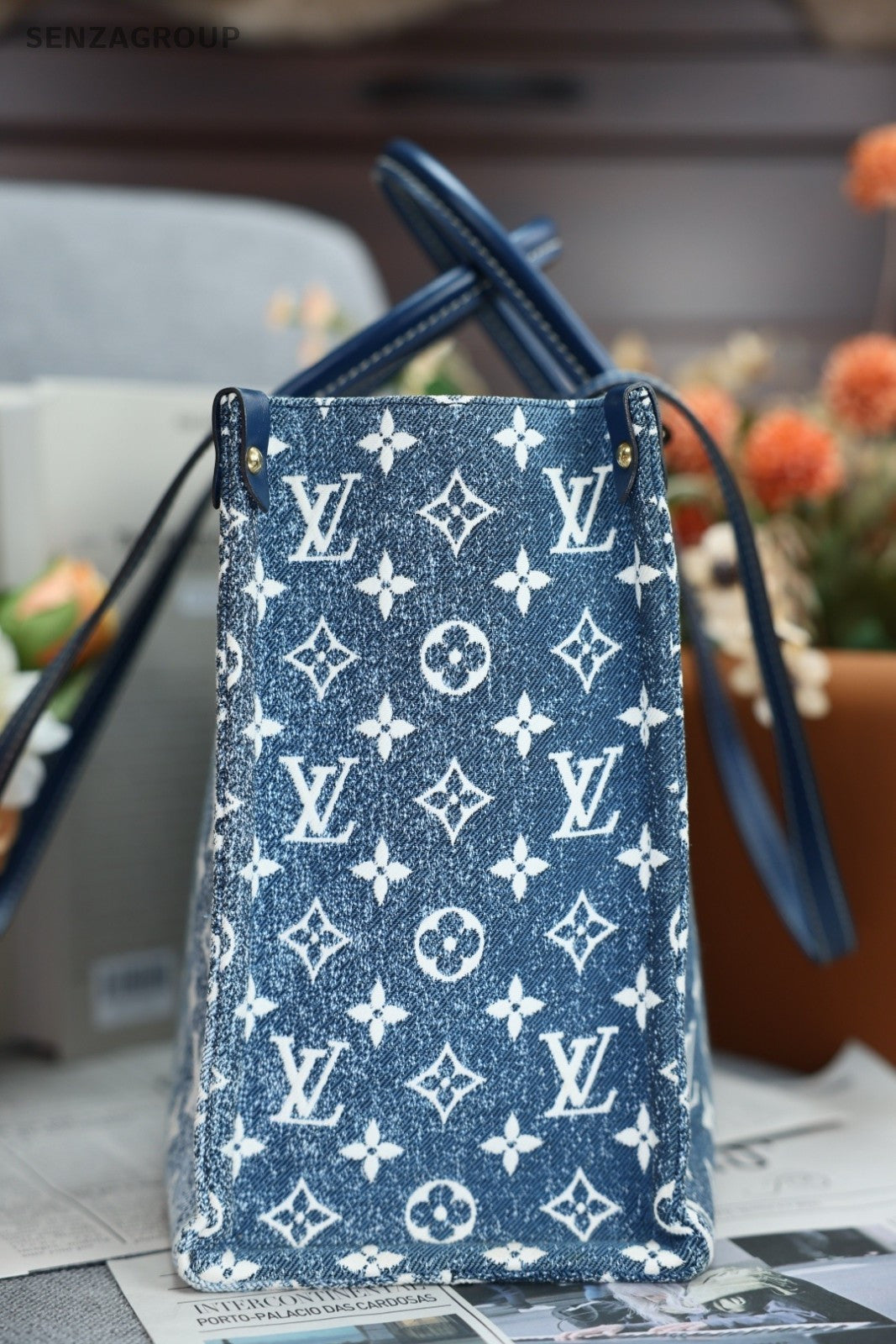 Louis Vuitton Onthego MM Denim Canvas Top Handle Shoulder Bag Women Blue