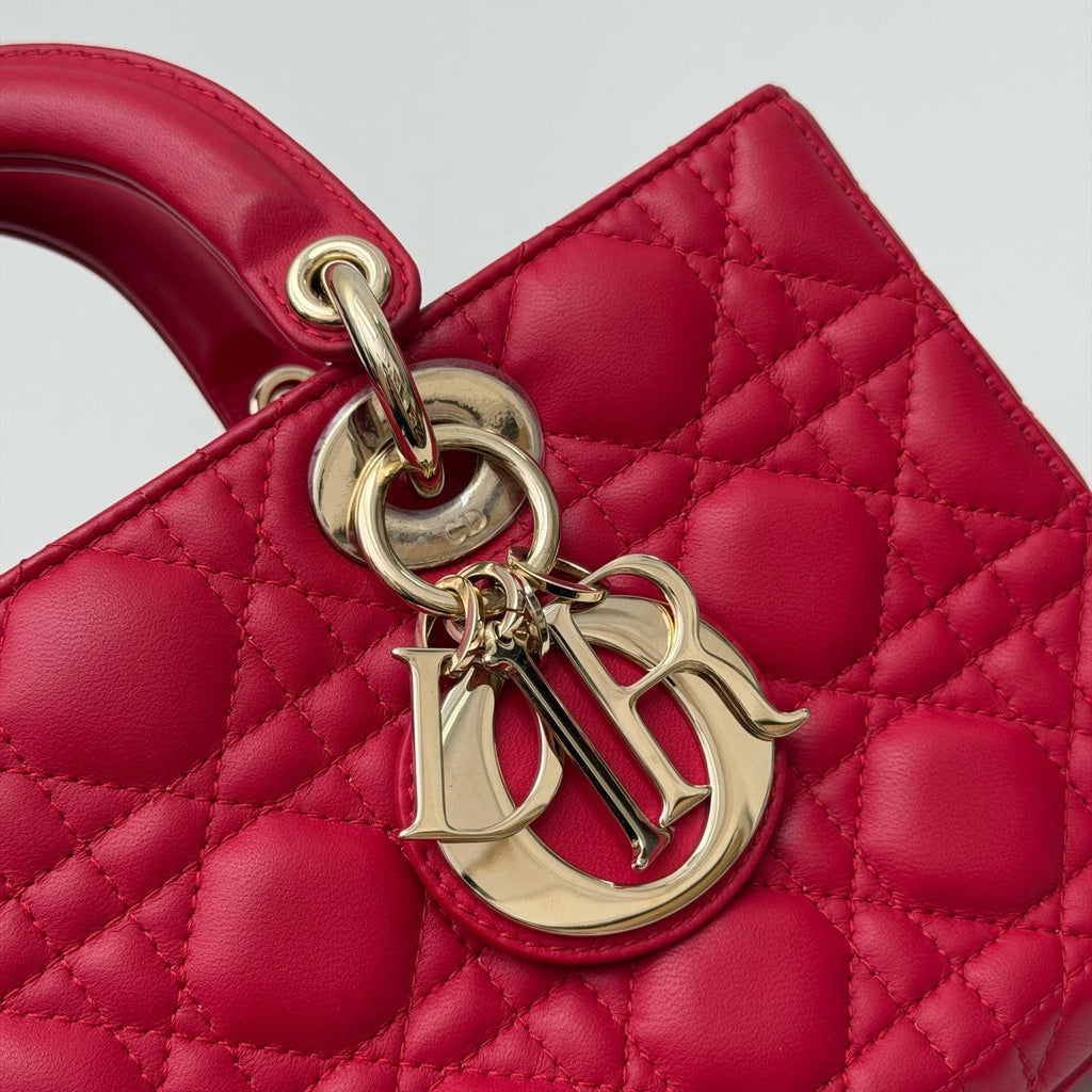 Christian Dior Lady Dior Cannage Top Handle Crossbody Red Gold Women Classic