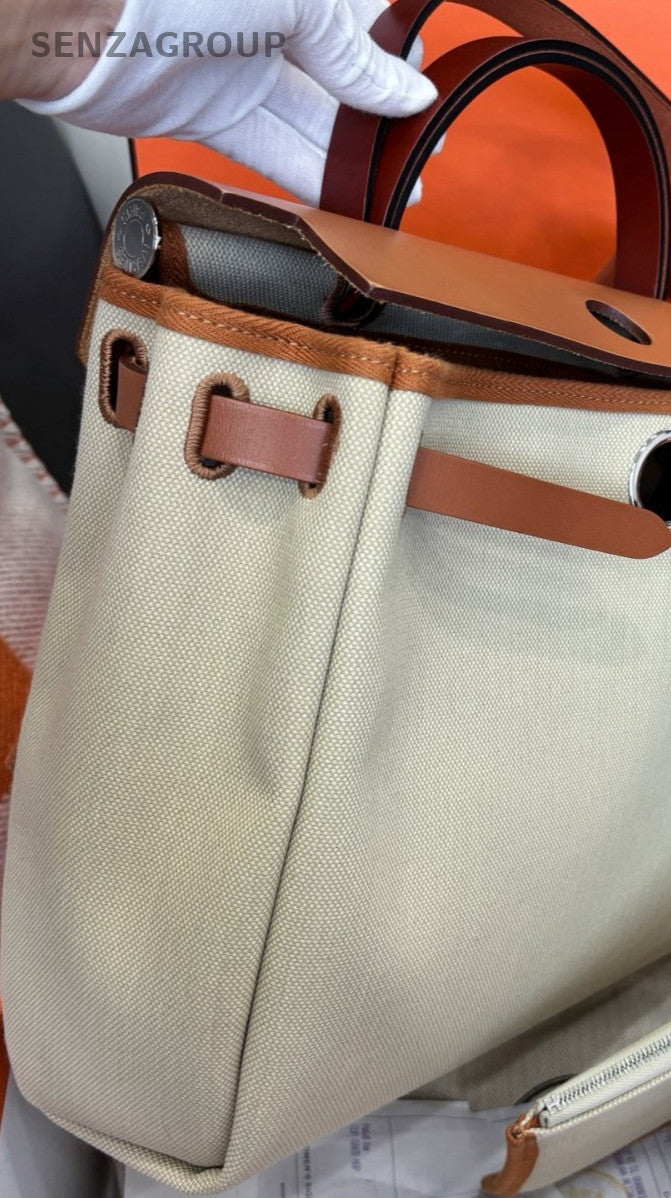 Hermes Herbag PM Canvas Top Handle Bag Crossbody White Silver Women Classic