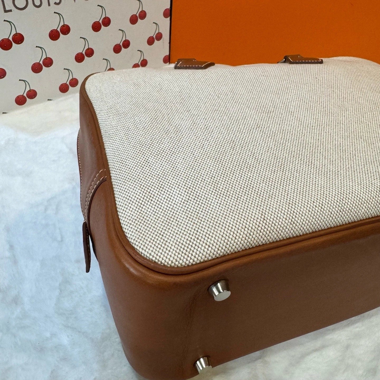 Hermes Plume32 Canvas Top Handle Shoulder Bag Beige Brown Silver Women Classic