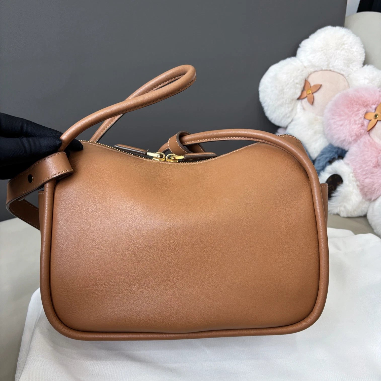 Prada Darling Calfskin 2Way Top Handle Crossbody Brown Gold Women Classic