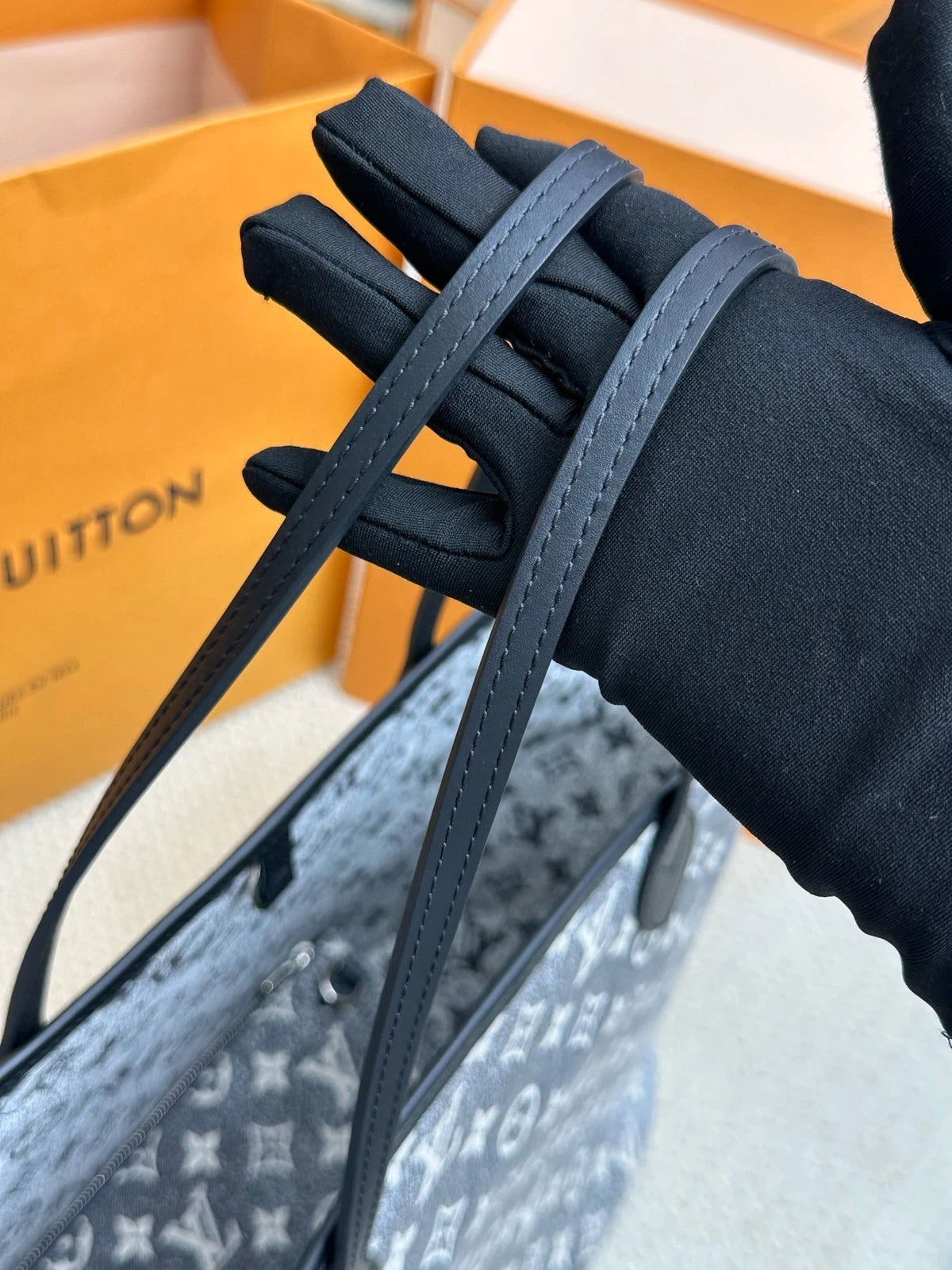 Louis Vuitton Neverfull Denim Black White Tote Bag Excellent