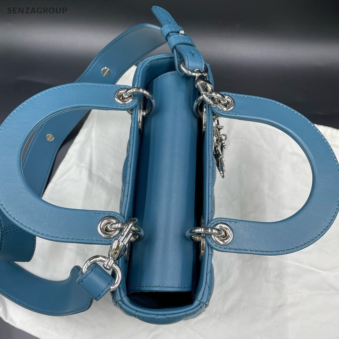 Christian Dior Lady Dior 2Way Top Handle Bag Crossbody Blue Silver Women Classic