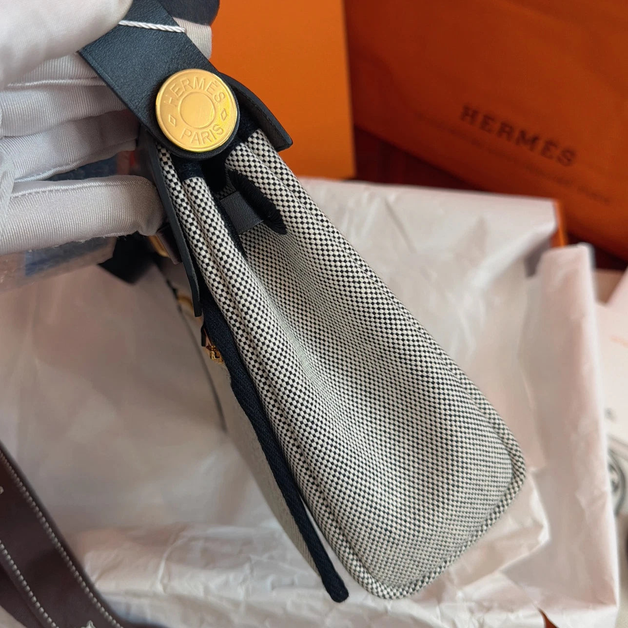 Hermes Herbag Mini Top Handle Shoulder Crossbody White Black Gold Women Classic