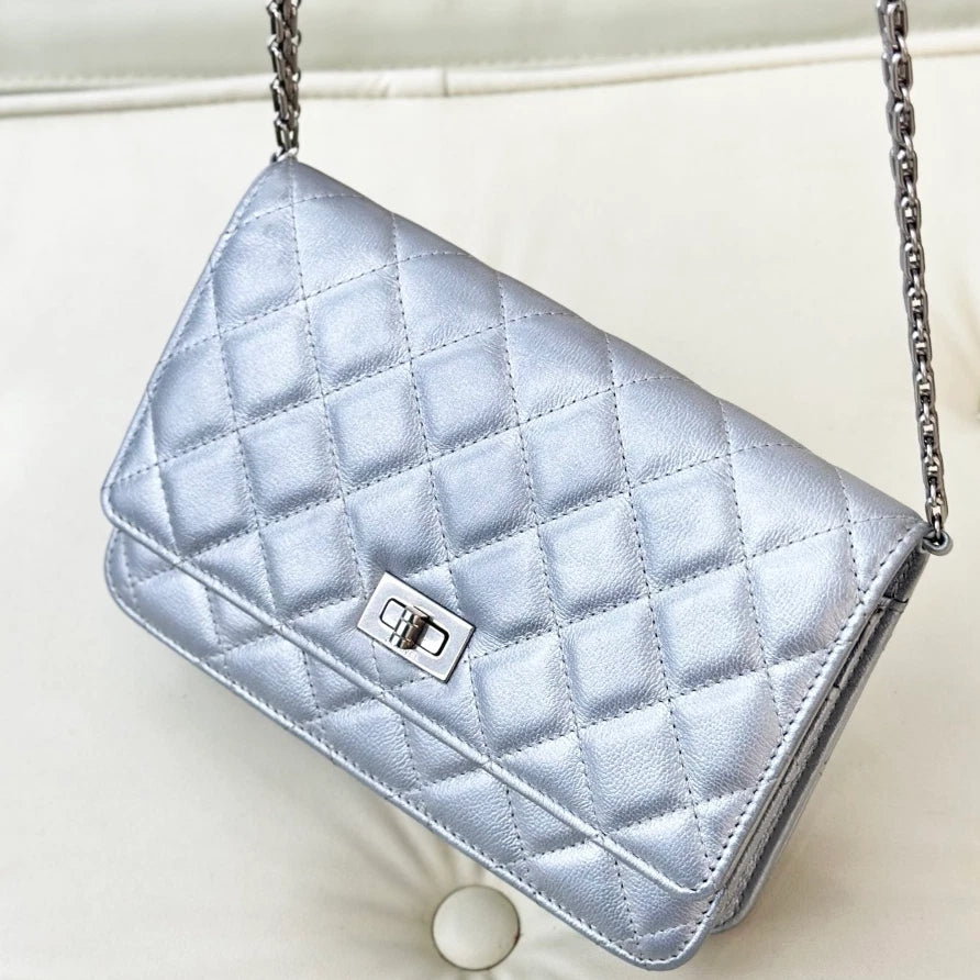 Excellent Chanel Woc Calfskin Chain Shoulder Crossbody Bag Silver Hardware