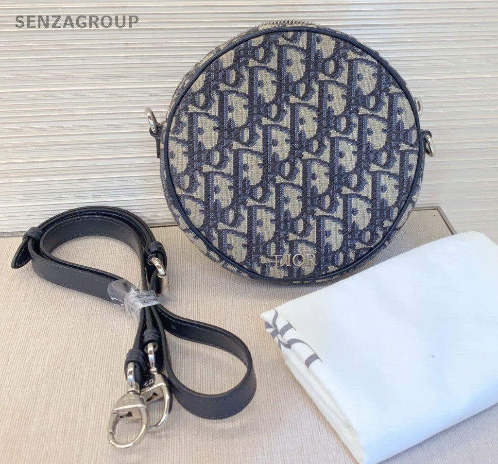 Christian Dior Oblique Round Bag Crossbody Blue Silver Used Women Classic