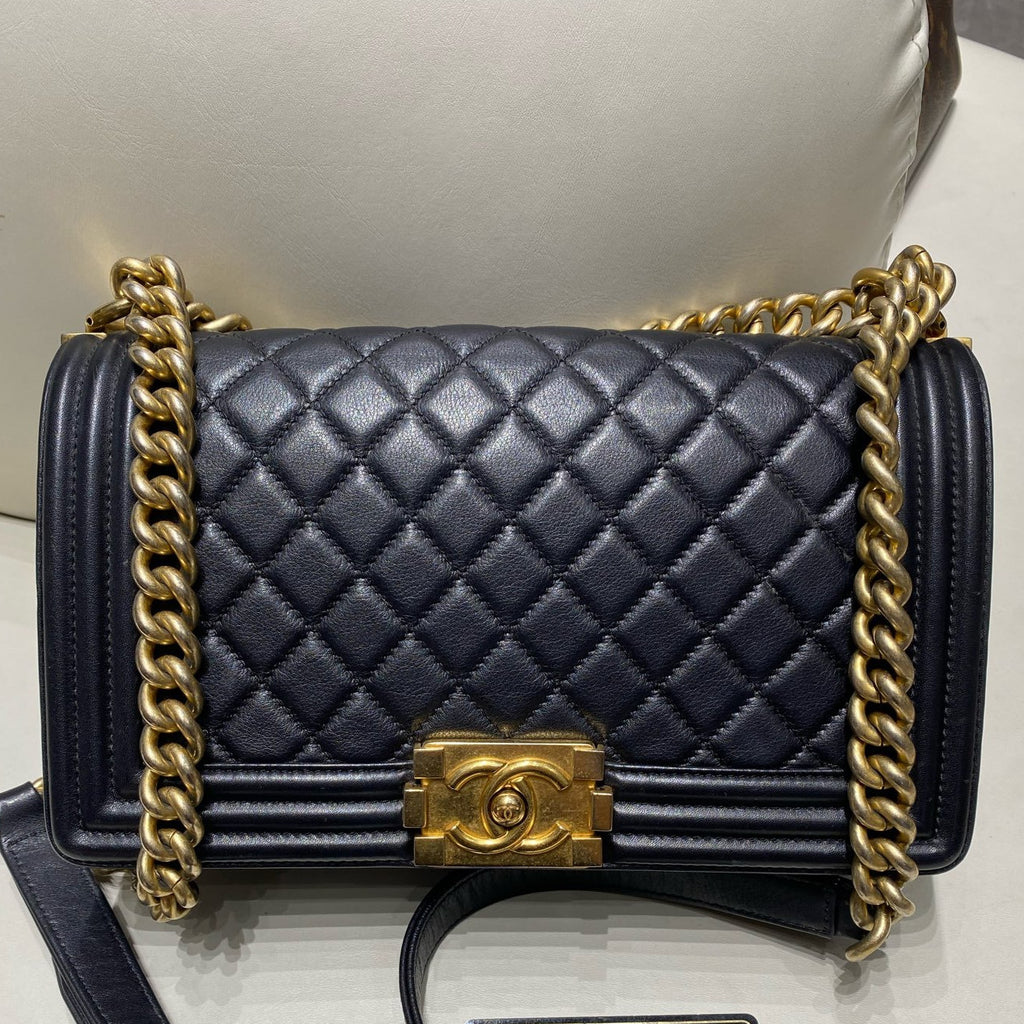 Chanel Le Boy Medium Calfskin Quilted Black Gold Chain Shoulder Bag