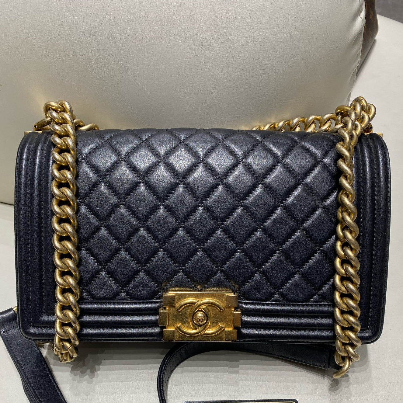 Chanel Le Boy Medium Calfskin Quilted Black Gold Chain Shoulder Bag