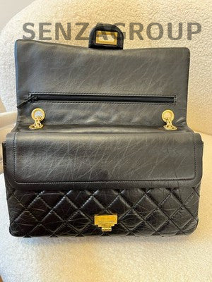 Chanel 2.55 Black Gold Quilted Vintage Calfskin Chain Shoulder Bag Medium