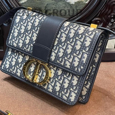 Dior Montaigne Oblique Denim Blue Gold Medium Shoulder Bag Women Classic