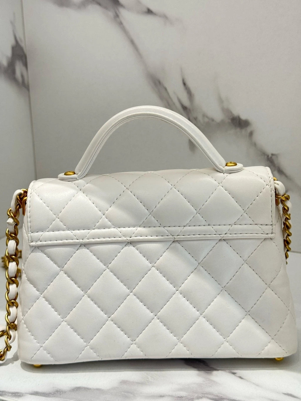 CHANEL Kelly Small Lambskin Flap Top Handle Bag White Gold Women