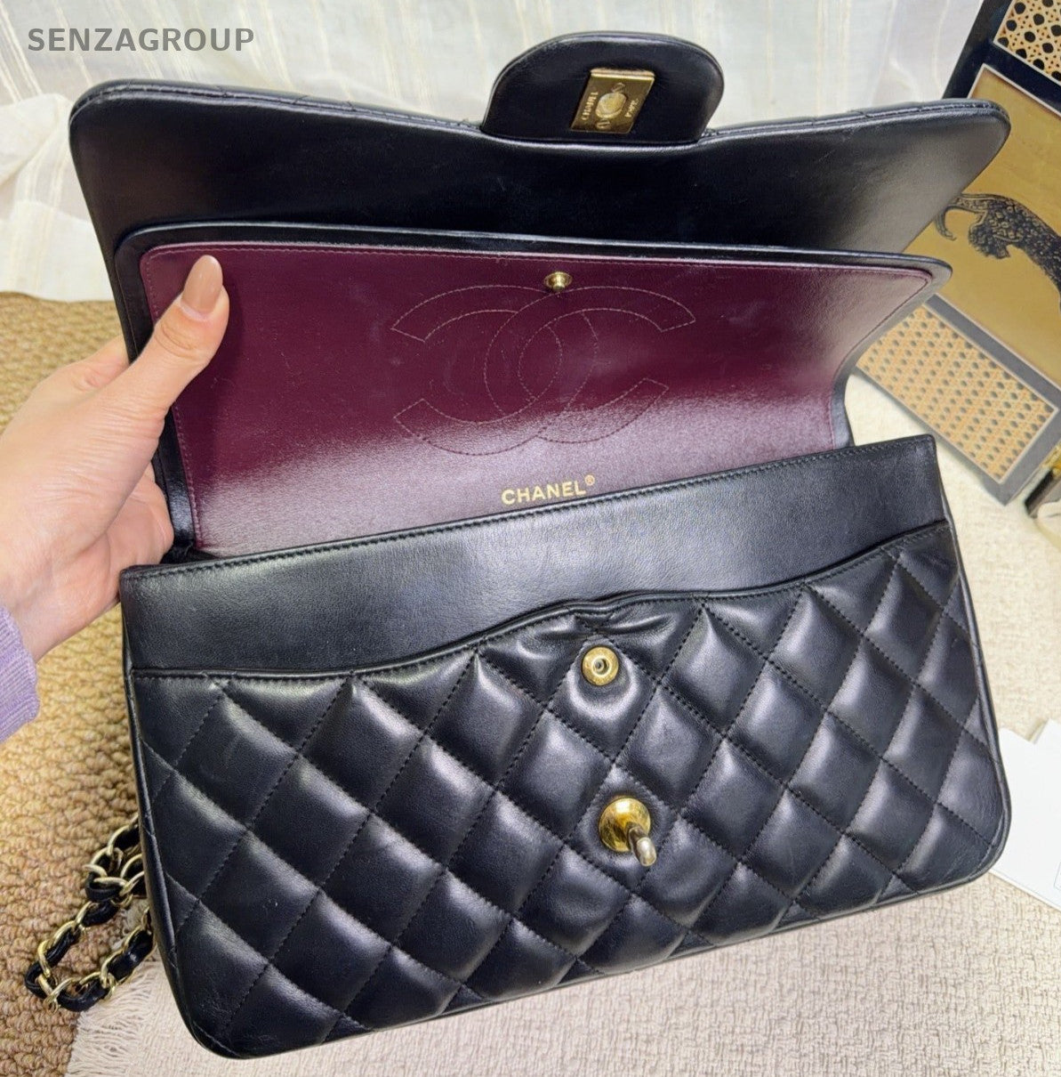 Chanel Classic Flap GM Lambskin Chain Shoulder Bag Black Gold Women Diamond