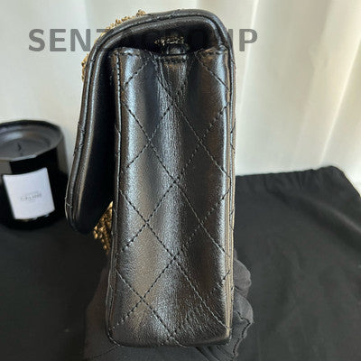 Chanel Classic Flap Quilted Pearl Chain Shoulder Bag Black Gold Hardware