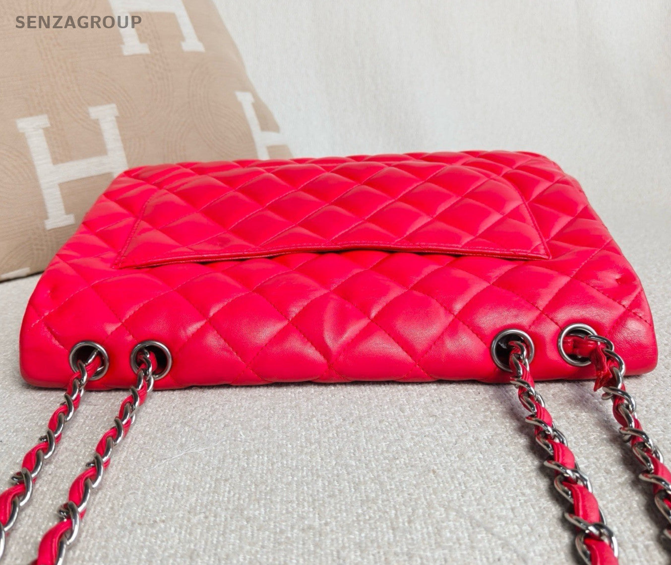 Chanel Classic Flap Jumbo Lambskin Chain Shoulder Crossbody Red Silver Women