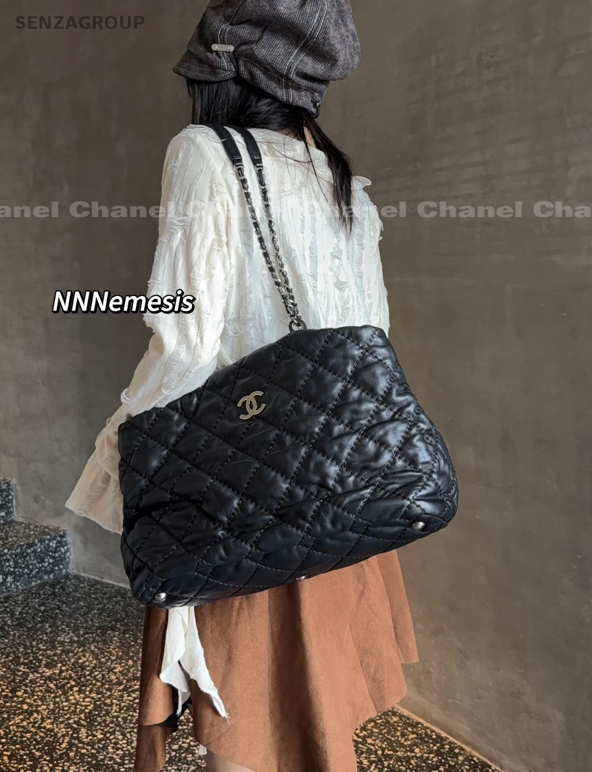 CHANEL Puffer Tote Calfskin Chain Shoulder bag Black Silver Women Classic