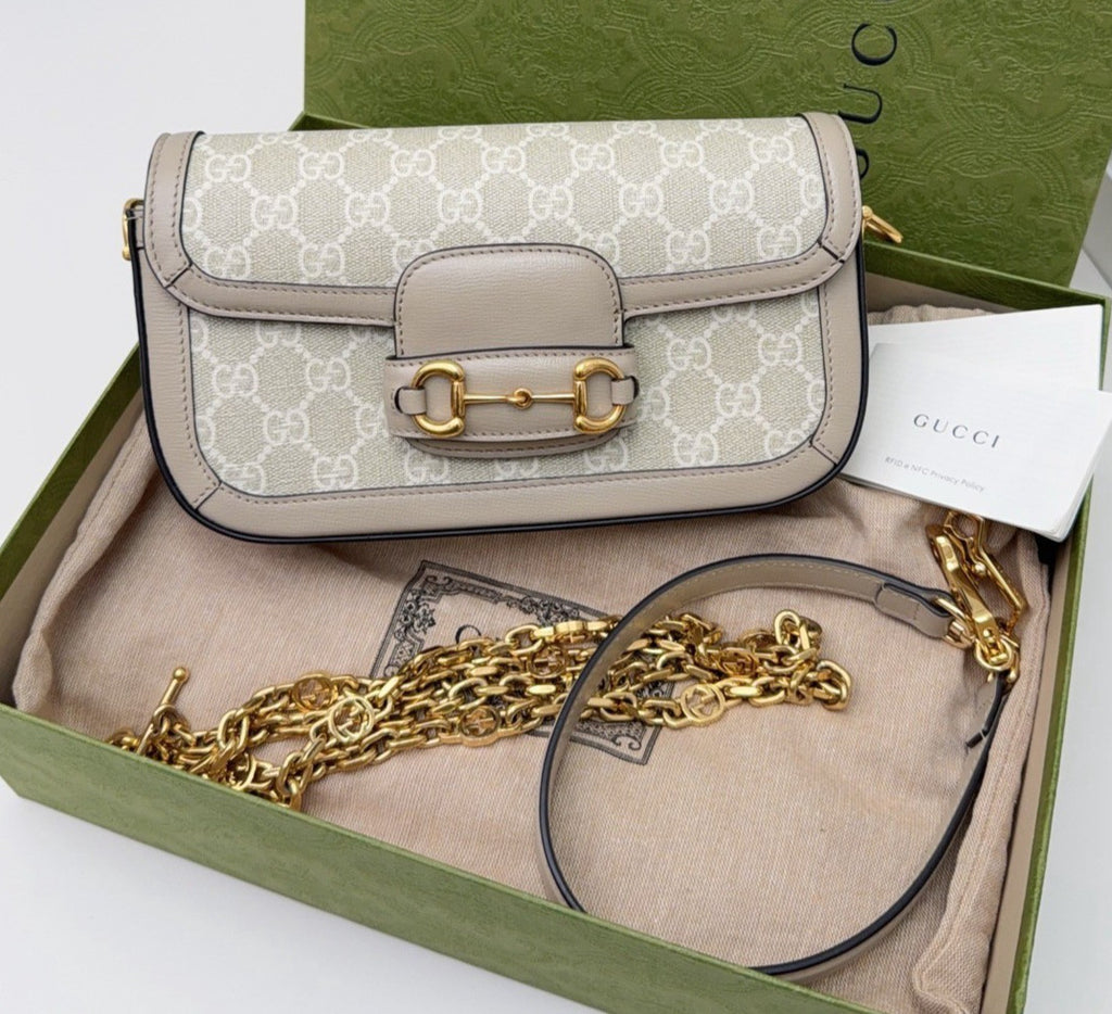 Gucci Horsebit1955 Chain Shoulder Bag Beige Gold Used Women Classic Fashion
