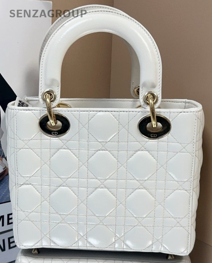 Dior Princess Diana Lambskin Leather Top Handle Bag White Gold Women Classic