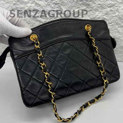 Vintage Chanel Small Lambskin Quilted Tote Chain Shoulder Bag Black Gold