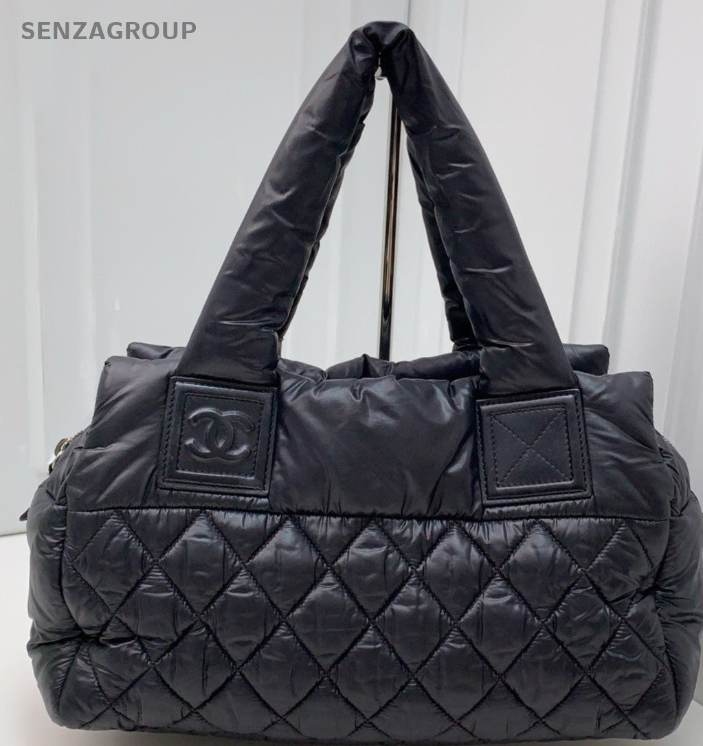 CHANEL Puffer Fabric Tote Pillow Shoulder Bag Black Women