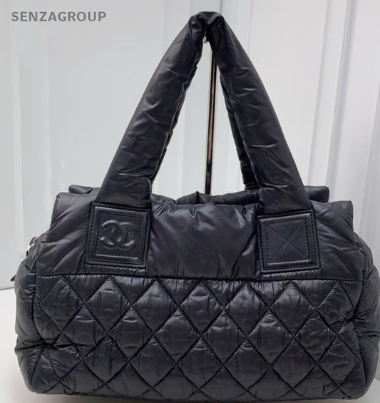 CHANEL Puffer Fabric Tote Pillow Shoulder Bag Black Women