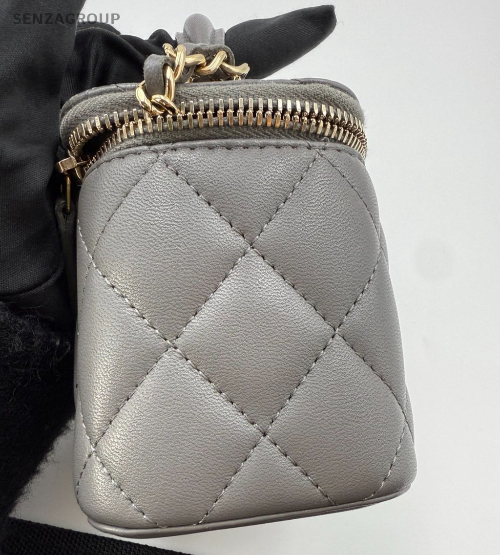 Chanel Vanity Case Lambskin Mini Top Handle Shoulder Crossbody Gray Gold Women
