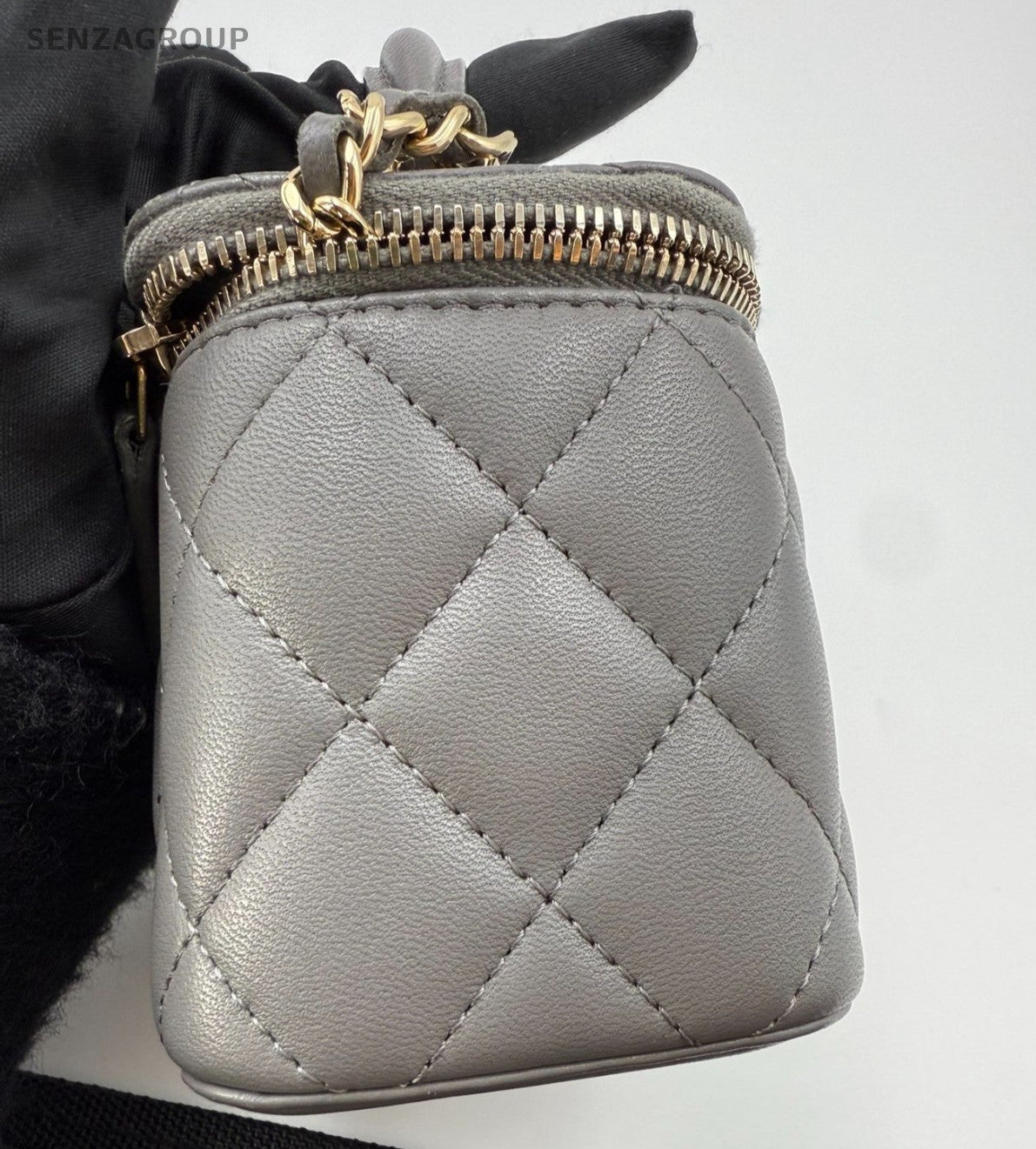 Chanel Vanity Case Lambskin Mini Top Handle Shoulder Crossbody Gray Gold Women