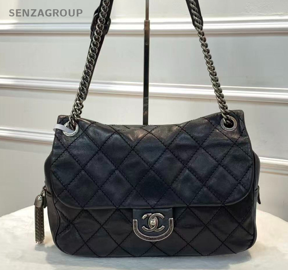 Chanel Edinburgh Calfskin Chain Shoulder Bag Diamond Black Silver Women Classic