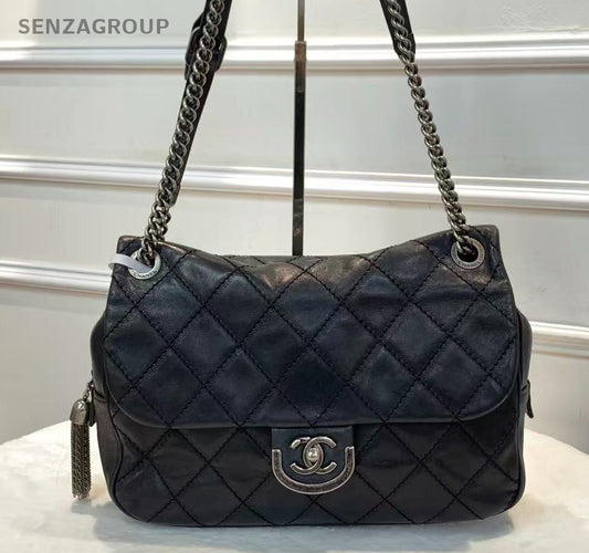 Chanel Edinburgh Calfskin Chain Shoulder Bag Diamond Black Silver Women Classic