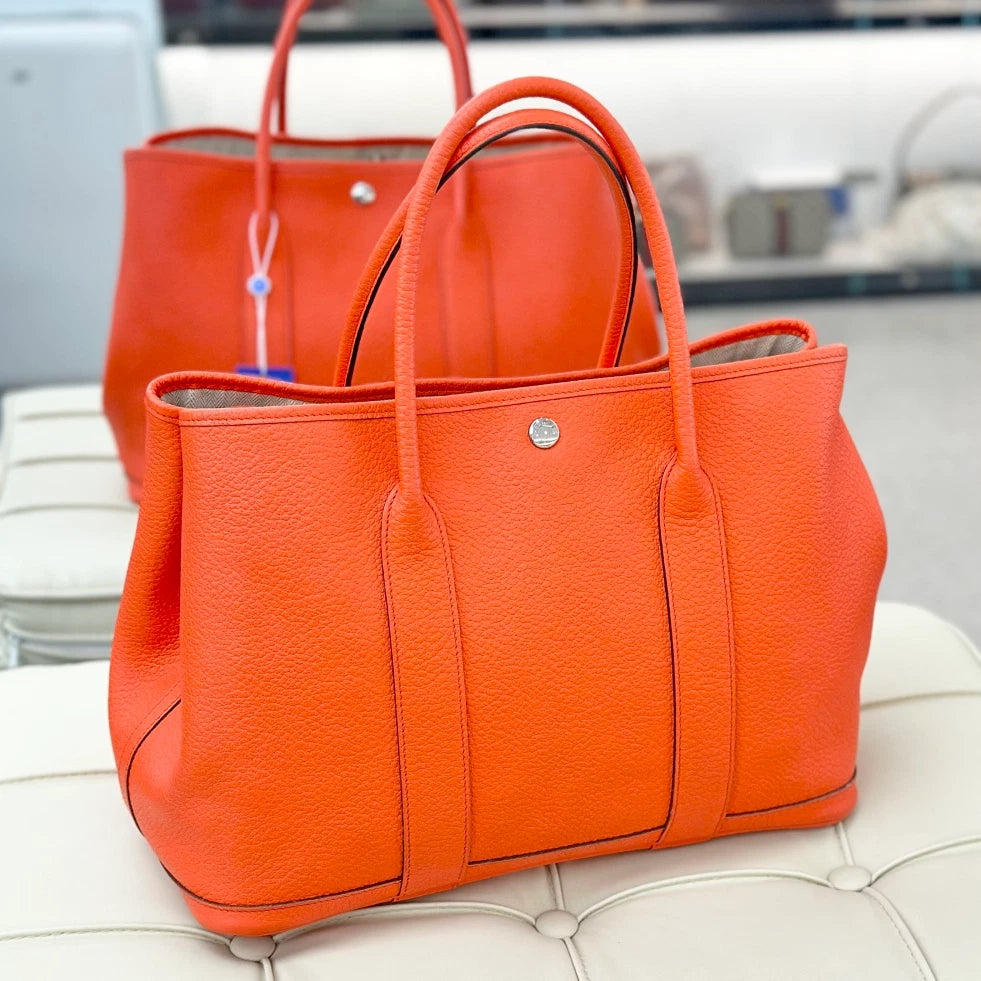 Hermes Garden Party 36 Tote Calfskin Top Handle Bag Orange Women S