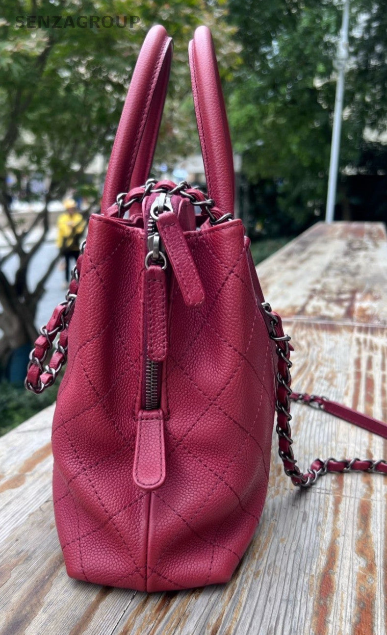 CHANEL Diamond pattern Top Handle 2way Shoulder Handbag Red Silver Women