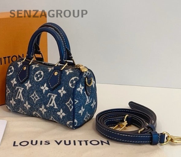 Louis Vuitton Speedy Nano Denim Top Handle Shoulder Crossbody Bag Blue Women