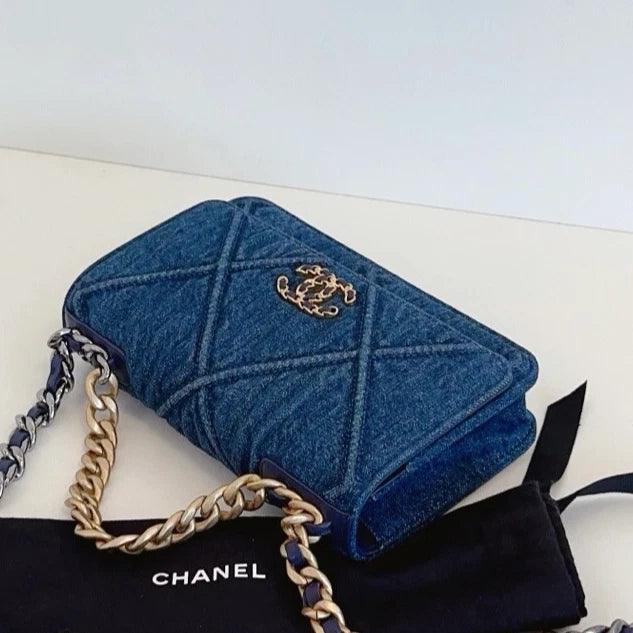Chanel 19Bag WOC Denim Chain Top Handle Crossbody Blue Gold Women Classic
