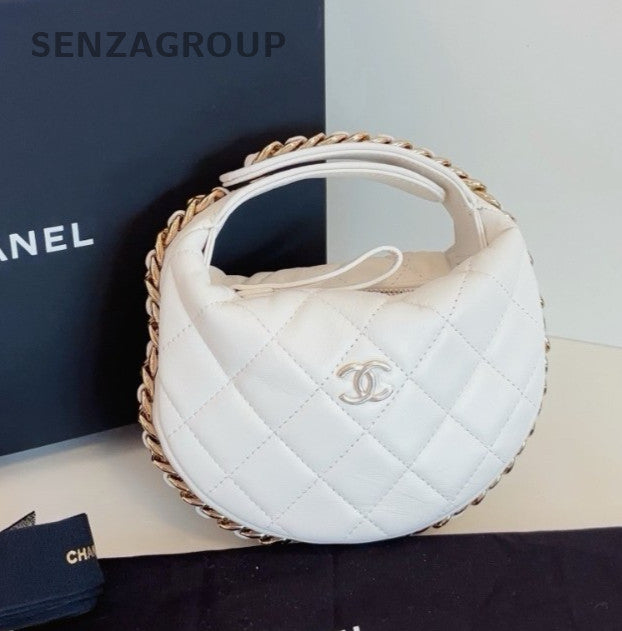 Chanel Pouch Hobo White Gold Top Handle Bag Used Women Classic