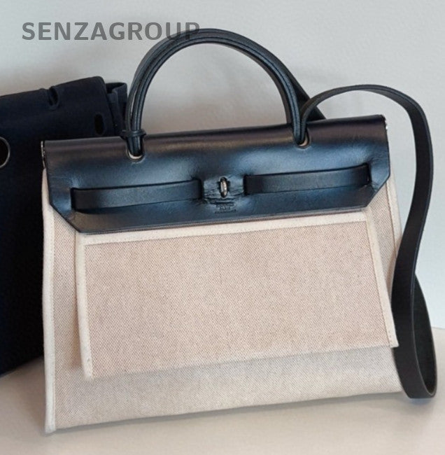 Hermes Herbag Canvas Top Handle Bag Crossbody White Black Women Classic Vintage