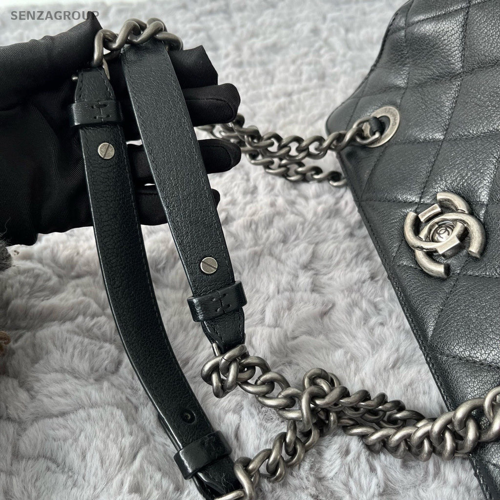 Chanel Mademoiselle De Madras Lambskin PM Chain Shoulder Bag Black Silver Women