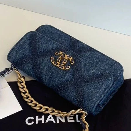 Excellent Chanel 19Bag WOC Mini Blue Denim Chain Top Handle Crossbody Bag GHW