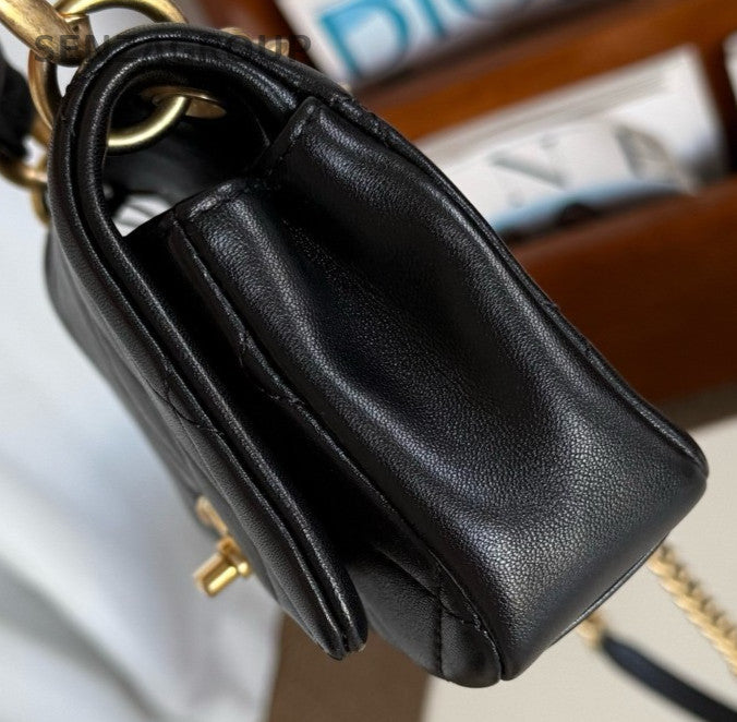 Chanel Diamond Mini Chain Top Handle Bag Crossbody Black Gold Used Women Classic