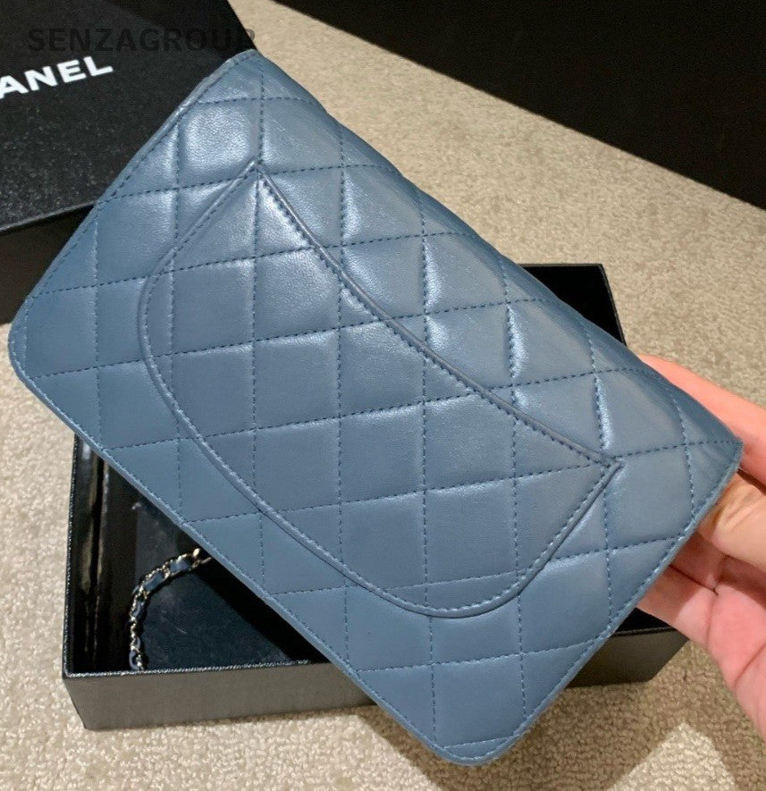 Chanel WOC Chain Lambskin Crossbody Blue Silver Used Women Classic