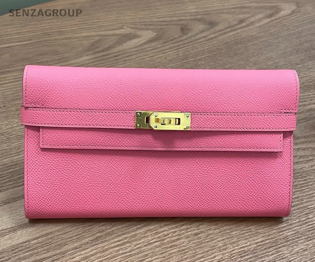 Hermes Kelly Long Wallet Epsom Pink Gold Women Classic Fashion