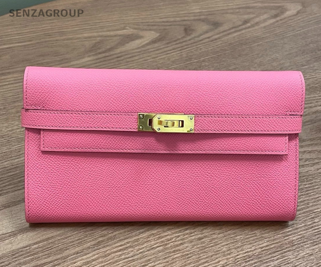 Hermes Kelly Long Wallet Epsom Pink Gold Women Classic Fashion