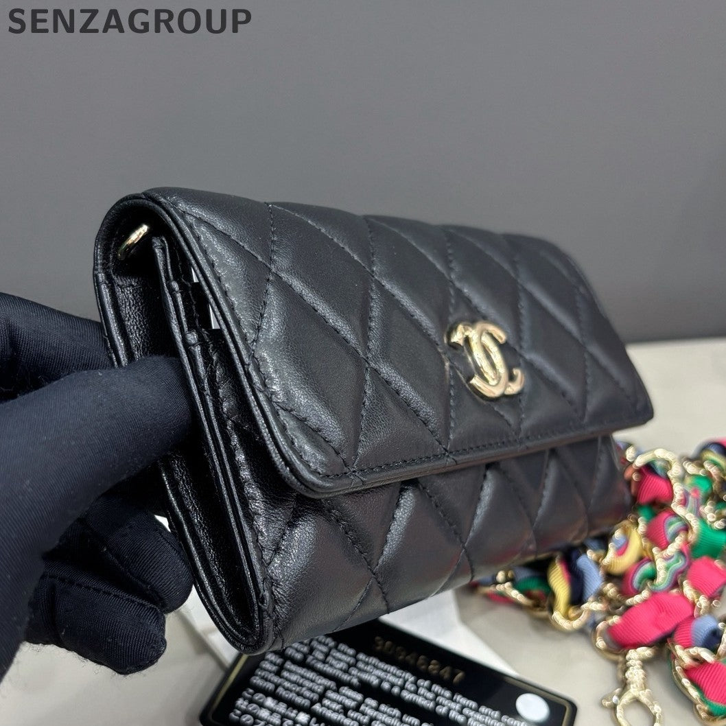Chanel Diamond Lambskin Chain Crossbody Black Gold Women Classic
