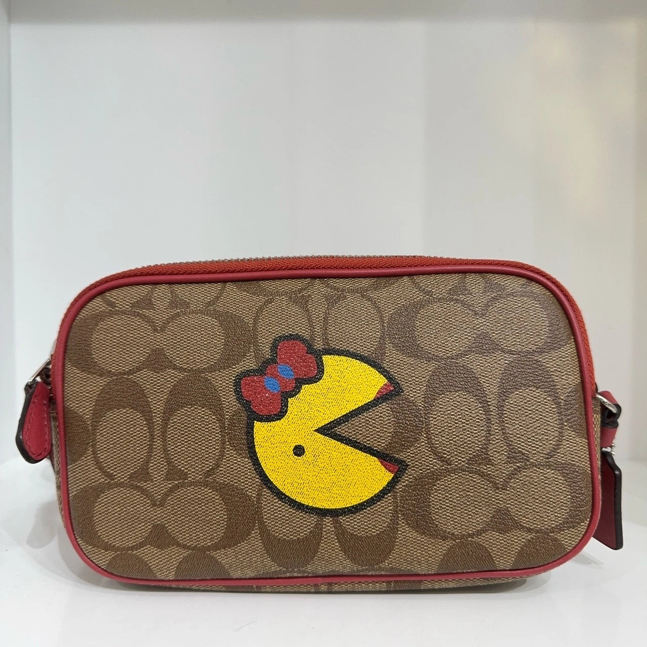 Coach Canvas x Pac-Man Monogram Crossbody Camera Bag Brown Red