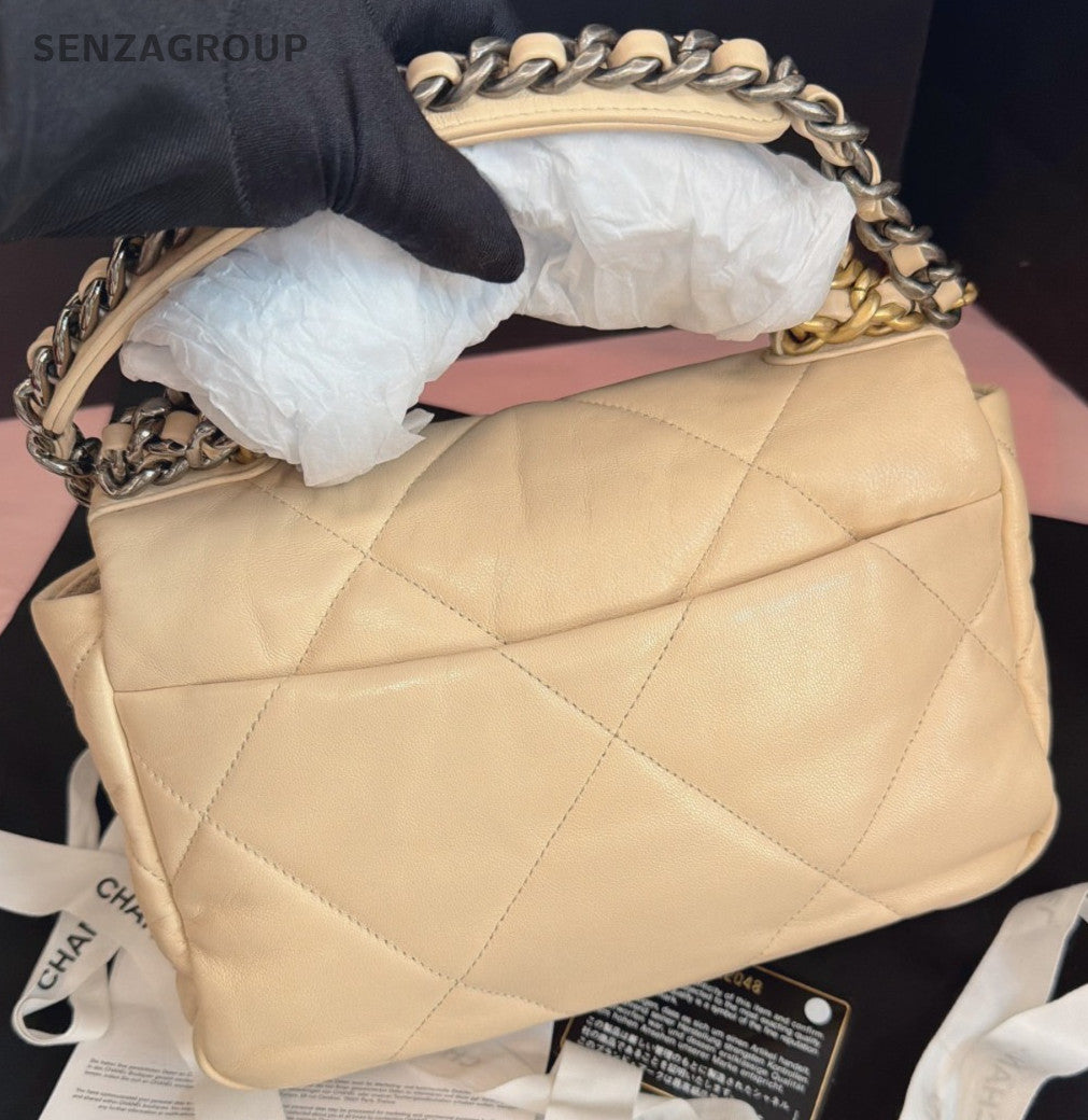 Chanel 19Bag Diamond PM Chain Shoulder Bag Beige Gold Women Classic Fashion