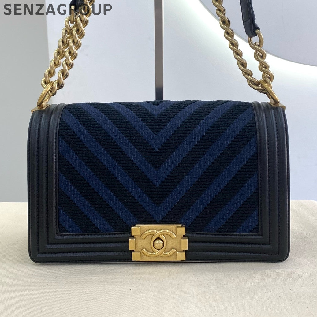 Chanel Medium Boy Bag Chevron Blue Gold Chain Shoulder Crossbody