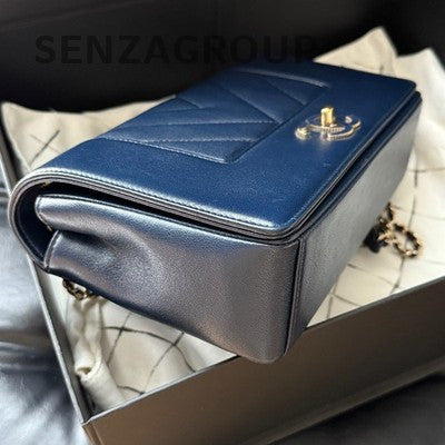 Chanel Classic Flap Blue Gold Chevron Chain Shoulder Bag