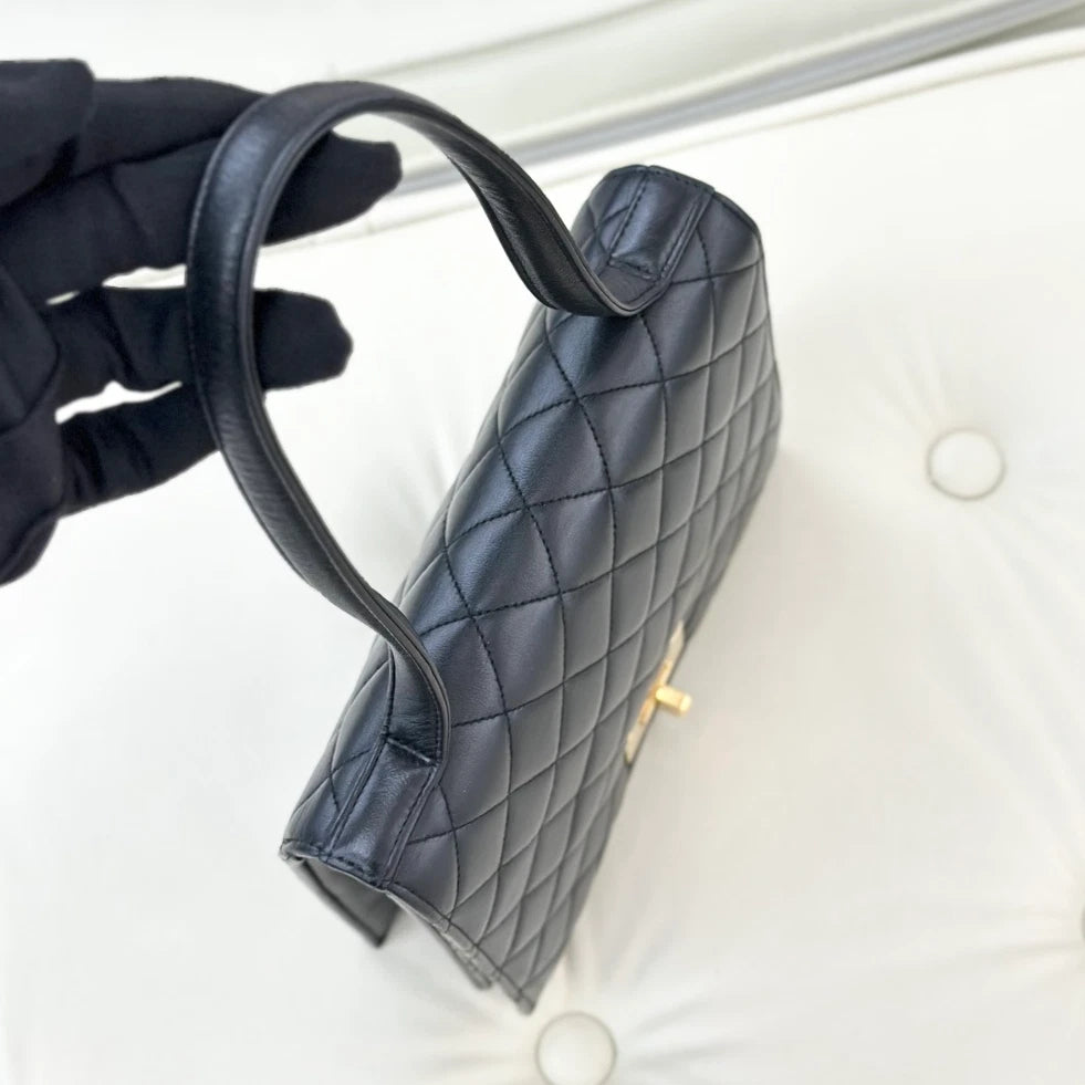 Chanel Vintage Lambskin Diamond Top Handle Bag Black Gold Hardware Women S