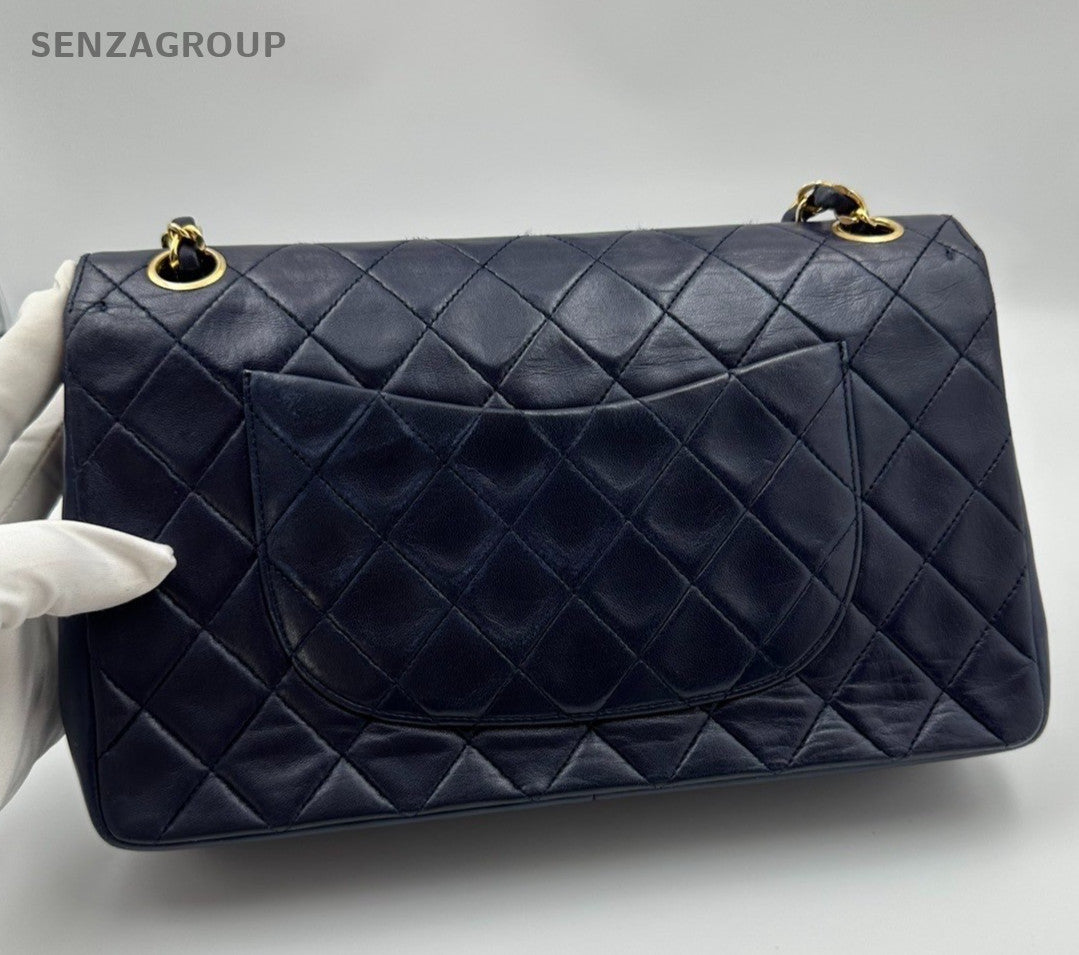 Chanel Classic Flap Lambskin MM Chain Shoulder Crossbody Blue Gold Women Vintage